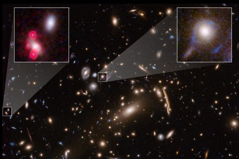 Abb.: Hubble-Aufnahme des Galaxien­haufens MACSJ 1206 mit durch den...