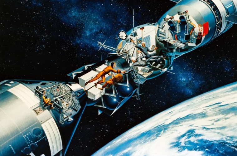 Eine künstlerische Darstellung des gekoppelten Apollo-Sojus-Raumschiffs.
