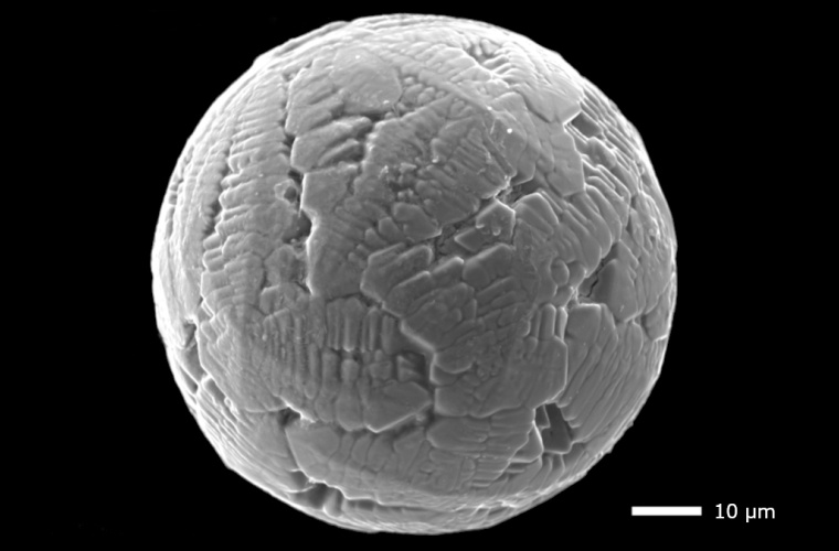 Elektronenmikroskopische Aufnahme eines 240 Millionen Jahre alten Mikrometeorits. Die Strukturen entstehen bei der Interaktion mit der Erdatmosphäre.