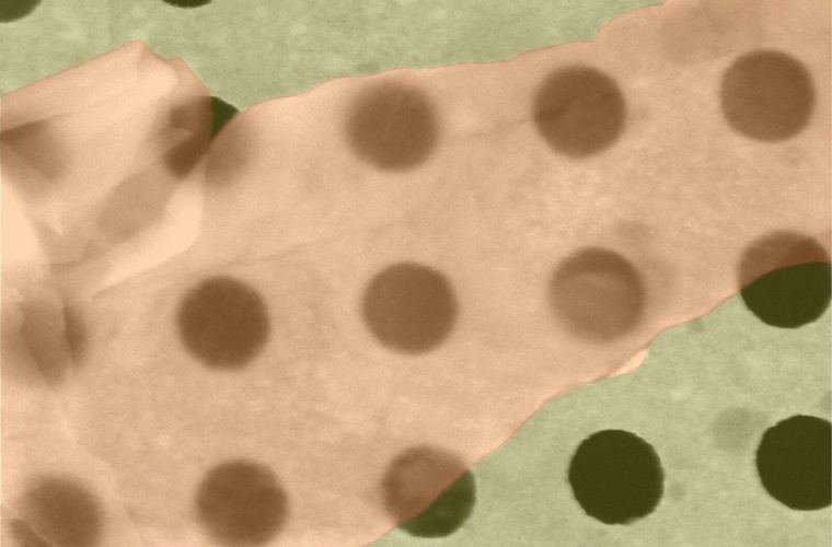 Rasterelektronenmikroskop-Aufnahme von Borophen auf einem gelochten Gold-Transmissionselektronenmikroskop-Gitter.