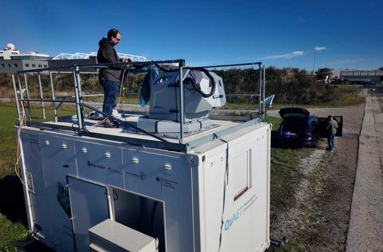Der QuBUS, ein mobiler Container mit einem Empfangsteleskop für den Quantenkanal auf dem Dach, ist die optische Bodenstation zum Empfang der Signale.