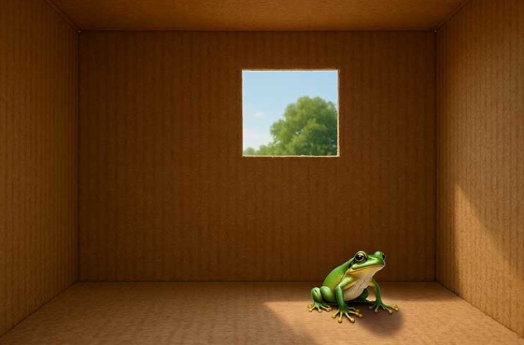 Wie entkommt ein Frosch aus einer Box? Er braucht genug Energie und er muss die Öffnung finden.