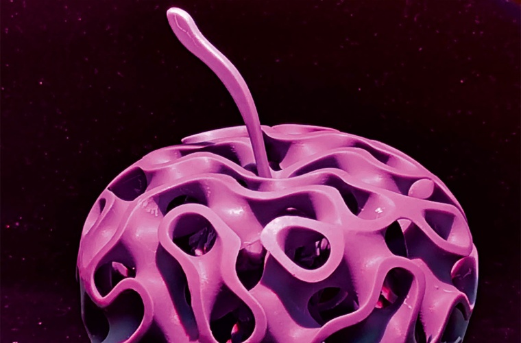 Additiv gefertigter Apfel mit einer komplexen Gyroidstruktur zur Demonstration der erweiterten Möglichkeiten des 5D-Drucks; Foto: Jens Bliedtner