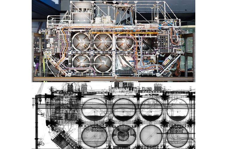 Röntgenaufnahmen von «EURECA» zeigen die Treibstoff- und Gastanks mit Resten der Reinigungslösung sowie das modulare «Skelett» des Satelliten. Bild: Empa, CC BY 4.0
