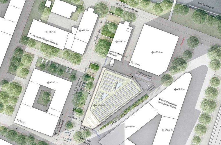 Der TU Physik-Neubau ist das dreieckige Gebäude im Zentrum.