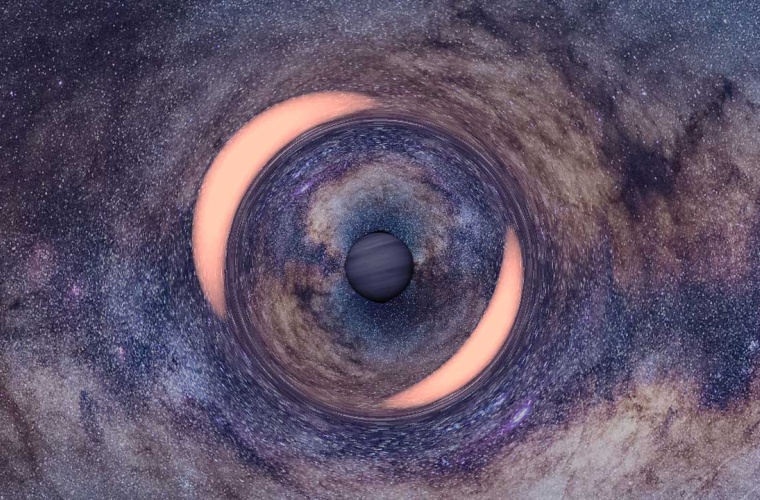 A free-floating planet lensing a distant star from the Galactic center. Two magnified images of the lensed star surround the Einstein ring of the event. All planets known to date are gravitationally bound to their host stars and orbit them. © J. Skowron, K. Ulaczyk / OGLE.