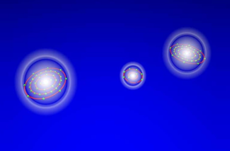 Die drei Atome des angeregten NeKr2 Trimers kreisen bis zu einer Pikosekunde lang umeinander herum.