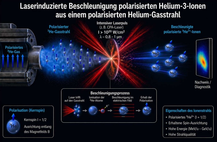 ersuchsprinzip: Ein Gasstrahl von polarisiertem Helium-3 (von links kommend) wird mit einem intensiven Laserpuls aus dem PHELIX-Laser beschossen (Mitte), so dass es zu einer Laser-Plasma-Beschleunigung kommt. Die beschleunigten Helium-3-Teilchen treffen (rechts) auf einen Detektor, der den Polarisationsgrad misst.
