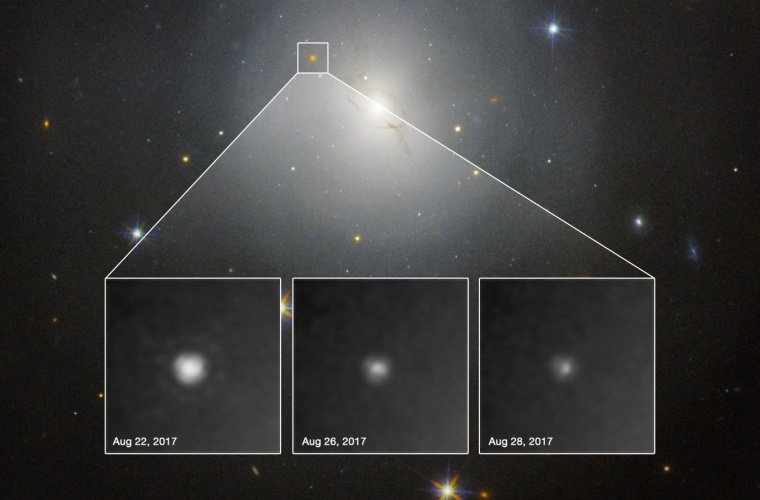 On 17 August 2017, within the lenticular galaxy NGC 4993, the first collision oft wo neutron stars could be observed by measurements of gravitational waves. The associated stellar flare, a kilonova, is clearly visible in the observations of the Hubble space telescope. Hubble observed the kilonova gradually fading over the course of six days (insets).