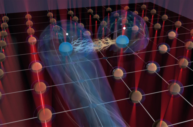 Two atoms (blue) are selectively excited into highly excited Rydberg states using laser beams. Because this interaction can be switched on and off very rapidly with lasers, fast quantum gate operations with low error rates are possible