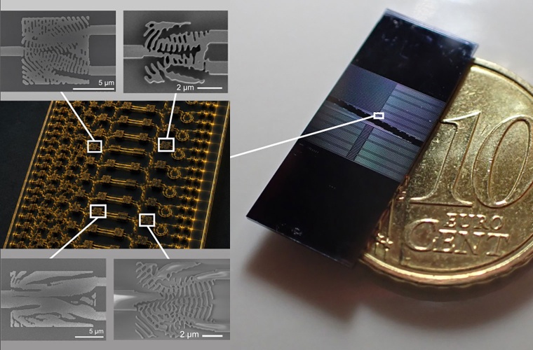 Ein photonischer Mikrochip, neben einer 10-Cent-Münze zum Größenvergleich, enthält hunderte Komponenten, die von Forschenden des Max-Planck-Instituts für die Wissenschaft des Lichts und der Harvard University entwickelt und mit Inverse Design entworfen wurden. Die Nahaufnahmen zeigen einzelne computergestaltete Nanostrukturen, Wellenlängensplitter, Modensortierer und Spiegel, die bis zu einem Tausendstel der Größe herkömmlicher Designs aufweisen. Eine Illustration (links) zeigt, wie viele solcher Bauteile kombiniert und dicht gepackt in integrierte photonische Schaltkreise auf einem nur wenige Millimeter breiten Chip untergebracht werden können.