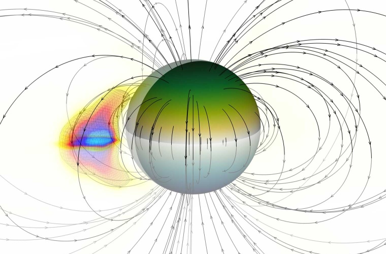 Computersimulation eines koronalen Massenauswurfs für einen Stern (grün) mit einem starken Magnetfeld (Linien). Der Sternausbruch wird durch das Magnetfeld begrenzt und kann dadurch nicht in den Weltraum entweichen.
Bild: AIP/J. Alvarado-Gómez