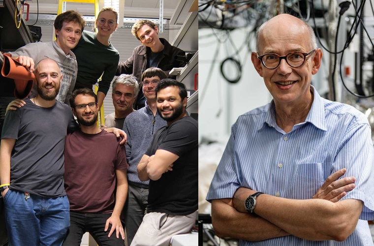 (l.) Teil des Kernuhr-Teams der TU Wien und der PTB (v. l.): Luca Toscani de Col, Felix Schneider, Fabian Schaden, Ira Morawetz, Maksim Okhapkin, Sebastian Lahs, Johannes Tiedau, Vishal Lal. (r.) Ekkehard Peik