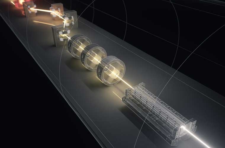 CAD-Rendering eines Freier-Elektronen-Lasers, der von einem hochenergetischen Elektronenstrahl (von links oben kommend) getrieben wird. Der Elektronenstrahl wiederum wird in einem Laser-Plasmabeschleuniger erzeugt. (Grafik: University of Strathclyde / HHU / Institut für Laser- und Plasmaphysik / Science Communication Lab)