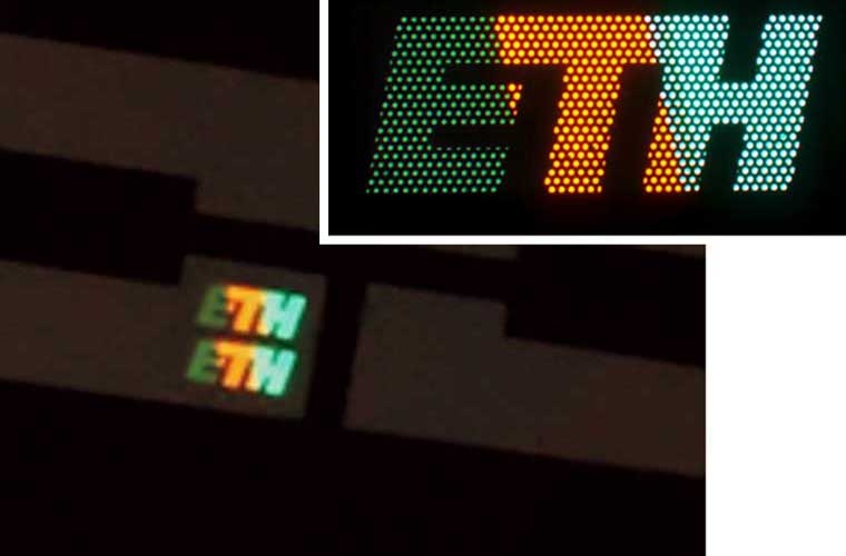 ETH-Logo aus winzigen Leuchtdioden. Das Logo ist 1 mal 2,4 Millimeter gross
