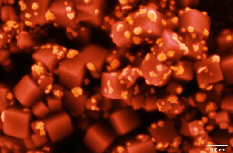 Gold nanoparticle-coated copper cubes. Artificially colored scanning electron microscope (SEM) image