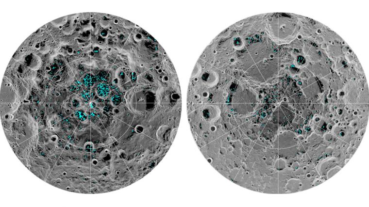 Abb.: Verteilung des Eis am Südpol (l.) und Nordpol des Mondes