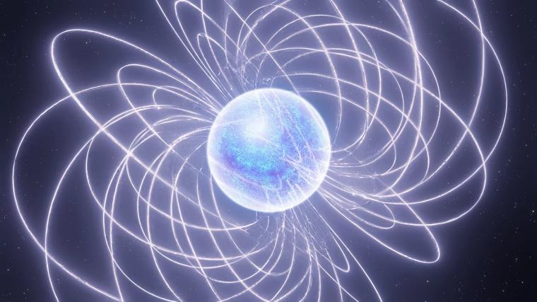 Abb.: Illustration eines Magnetars, bei dem ein Neutronenstern mit Hilfe der im...