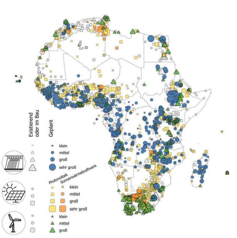 Abb.: Existierende und geplante erneuerbare Elektrizitätskraftwerke in Afrika.