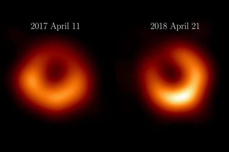 Abb.: Das erste und das zweite Bild des schwarzen Lochs in M87.