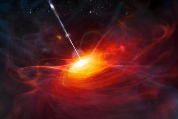Abb.: Künstlerische Darstellung eines Quasars, dessen Kernregion im frühen...