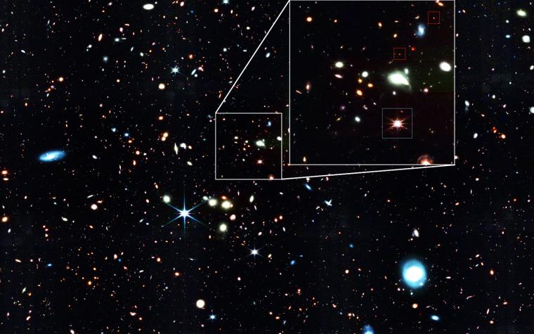 Abb.: Riesiger Quasar und kleine rote Punkte: Ein Bild des Quasars J1148+5251...
