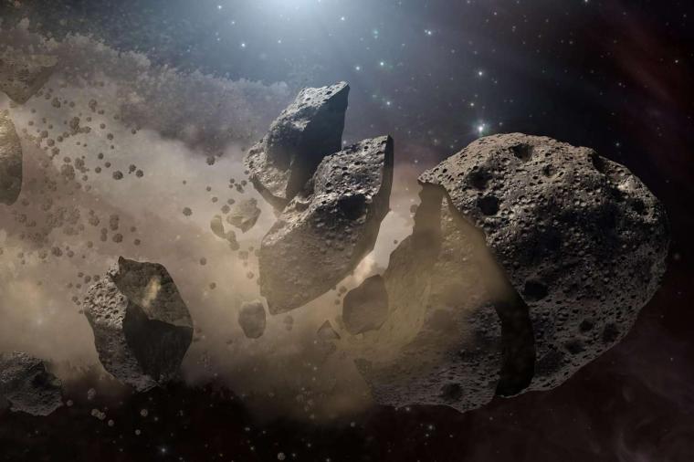 Abb.: Ein Asteroid zerbricht und produziert dabei Staub, der auch auf die Erde...