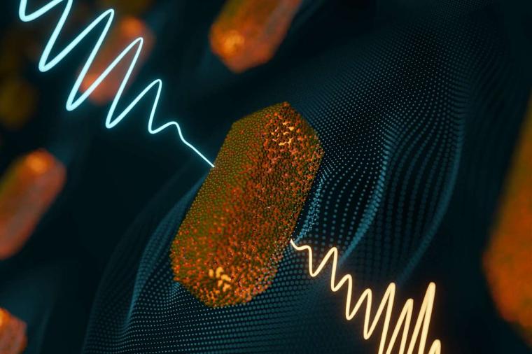 Abb.: Ein ultrakurzer Laserpuls (blau) regt plasmonische Nanostäbchen aus Gold...