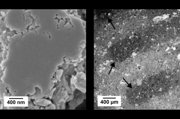 Abb.: Rasterelektronenmikroskopische Aufnahmen des LPSCl-Pellets vor (links)...