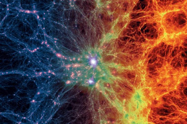 Abb.: Die Simulation von kosmischen Filamenten zeigt den Übergang von dunkler...