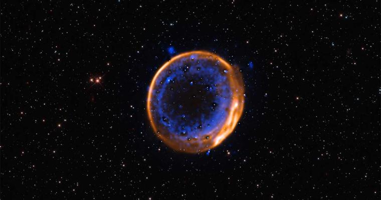 Diese VLT-MUSE-Aufnahme zeigt SNR 0509-67.5. Kalzium ist in Blau dargestellt,...