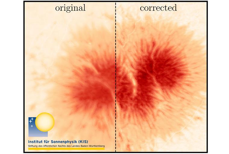 Gemessenes Magnetfeld in einem Sonnenfleck. Links das gemessene Magnetfeld...