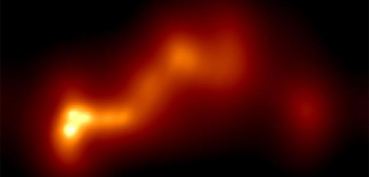Eine neue Aufnahme von Galaxie OJ 287 enthüllt erstmals die scharf gekrümmte,...