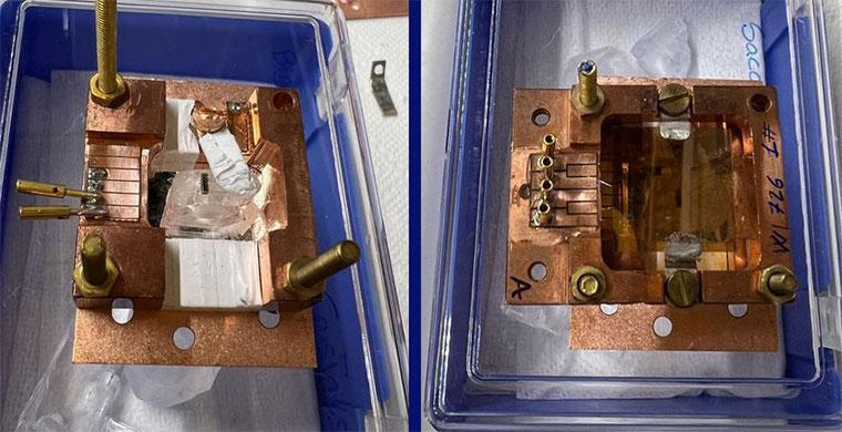 Links: Ein Saccharose-Kristall mit Temperatursensor. Rechts: Der Zuckerkristall...