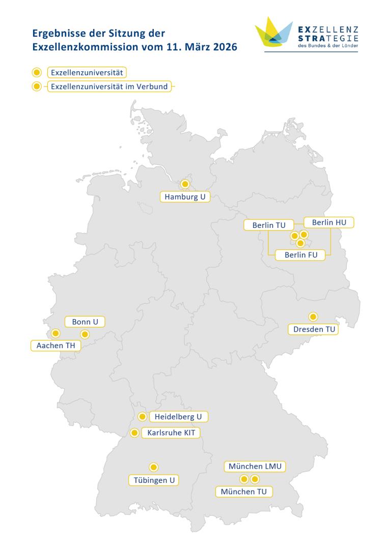 Die Landkarte zeigt die ausgewählten Exzellenzstandorte, die ab Januar 2027...
