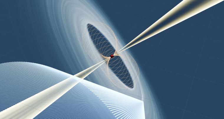 Die Abbildung zeigt einen Pulsar (rote Kugel) und sein starkes Magnetfeld...