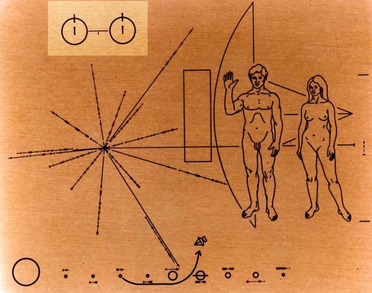 Die Plaketten, die an den beiden 1972 gestarteten Pioneer-Sonden angebracht...