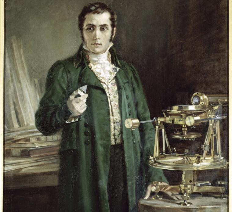 Gemälde von Joseph von Fraunhofer. In der Hand hält er ein Prisma und direkt...