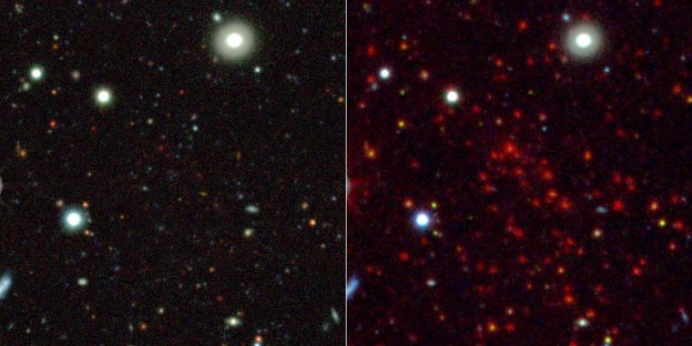 Galaxienhaufen SPT-CL J0313.9-5334.6 im Visuellen (links) und Infraroten