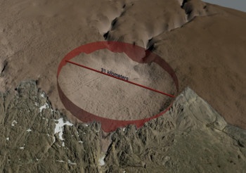 Abb.: Topographische Karte des Einschlagkraters unter dem Hiawatha-Gletscher in...