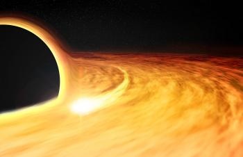 Abb.: Trümmer des zerrissenen Sterns umkreisen das schwarze Loch. Der helle...
