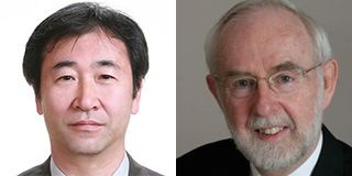 Takaaki Kajita (links, Super-Kamiokande Kollaboration) und Arthur B. McDonald...
