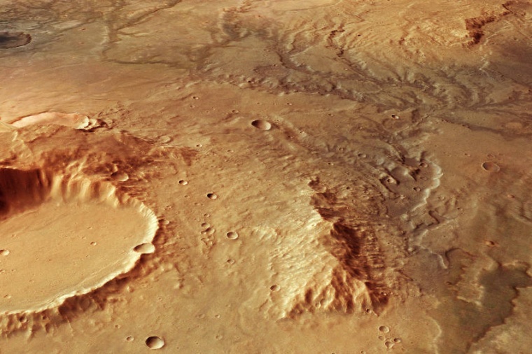 Abb.: Perspektivische Ansicht des Talnetzwerks östlich des Huygens-Kraters....