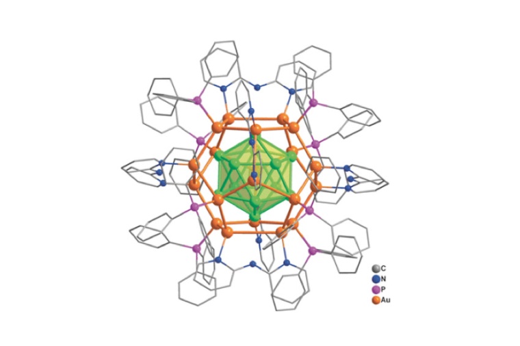 Abb.: Goldenes Fulleren: Modell des Liganden-geschützten Nanoclusters aus 32...