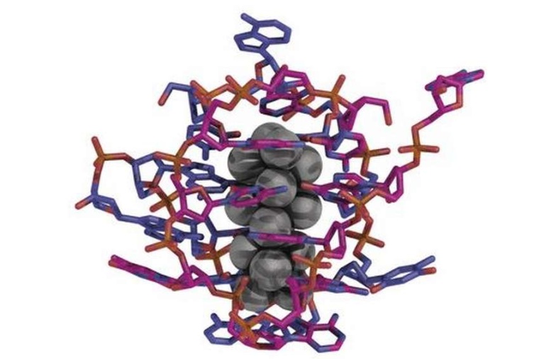 Abb.: Nanocluster aus 16 Silberatomen, eingewickelt in DNA-Stränge. (Bild:...