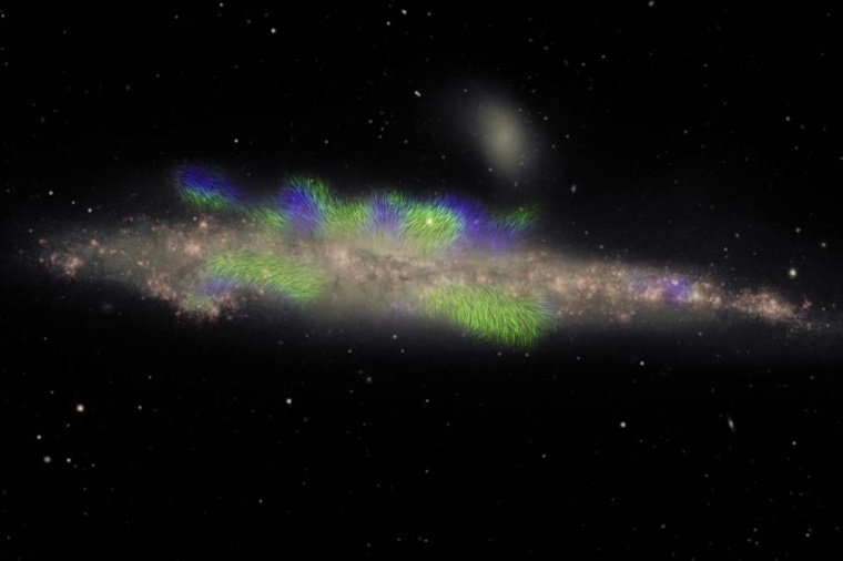 Abb.: NGC 4631 ist von der Kante aus sichtbar. Galaxien­scheibe (rosa) und...