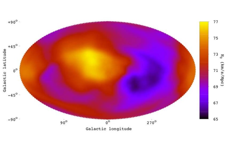 Abb.: Expansion des Universums: Die violetten Bereiche dehnen sich langsamer...