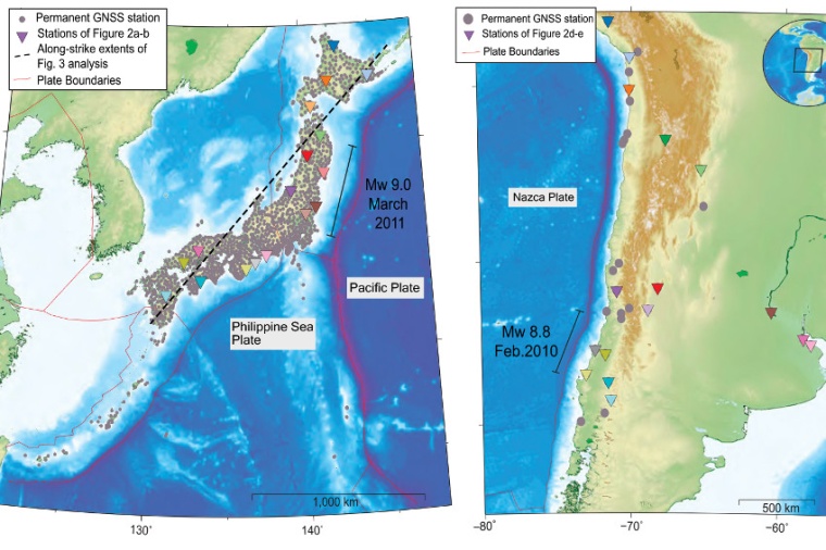 Abb.: Japan weist eine enorme Dichte von GNSS-Stationen auf. In Chile ist die...