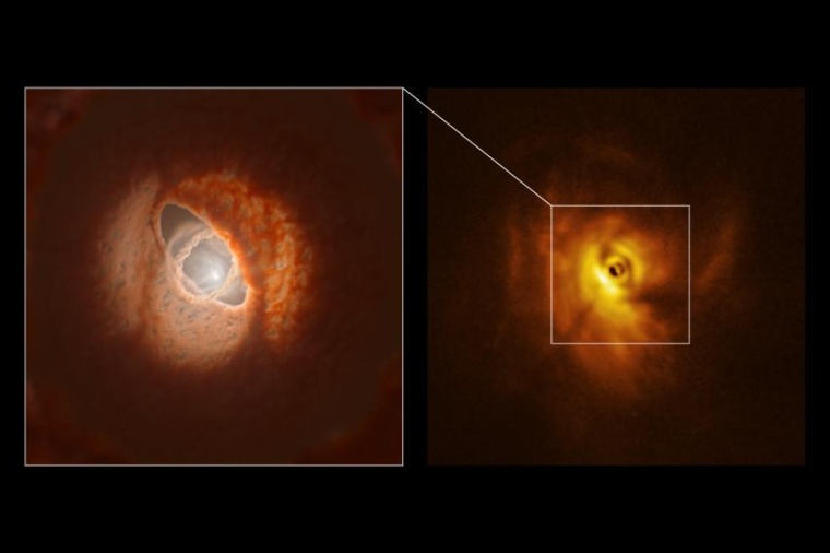 Abb.: Der innere Ring von GW Orionis: Modell und Sphere-Beobachtungen (Bild:...