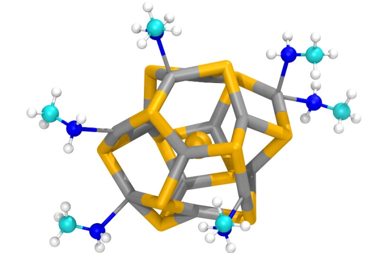 Abb.: Modell eines Cadmium­selenid-Clusters, der von organischen Molekülen...
